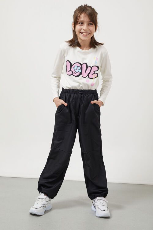 Siyah Lastikli Paça Kız Çocuk Paraşüt Pantolon 17559