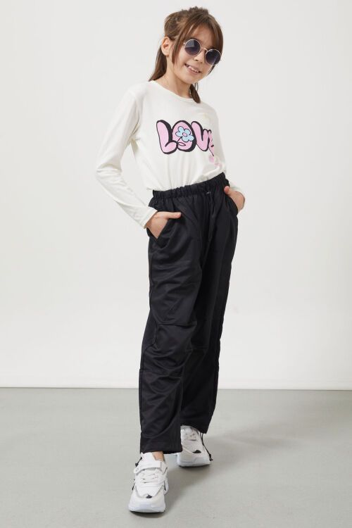 Siyah Lastikli Paça Kız Çocuk Paraşüt Pantolon 17559