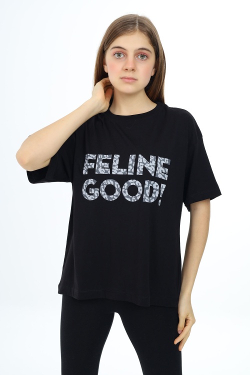 Siyah Leopar Desenli Yazılı Bisiklet Yaka Kız T-shirt 17779