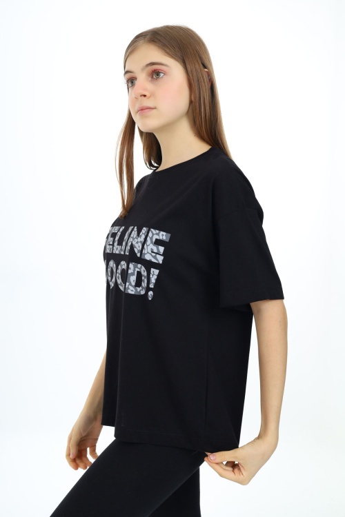 Siyah Leopar Desenli Yazılı Bisiklet Yaka Kız T-shirt 17779