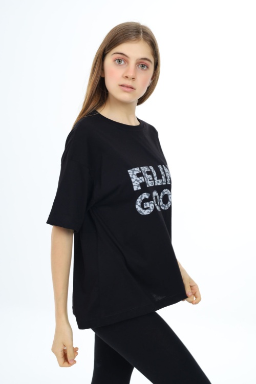 Siyah Leopar Desenli Yazılı Bisiklet Yaka Kız T-shirt 17779