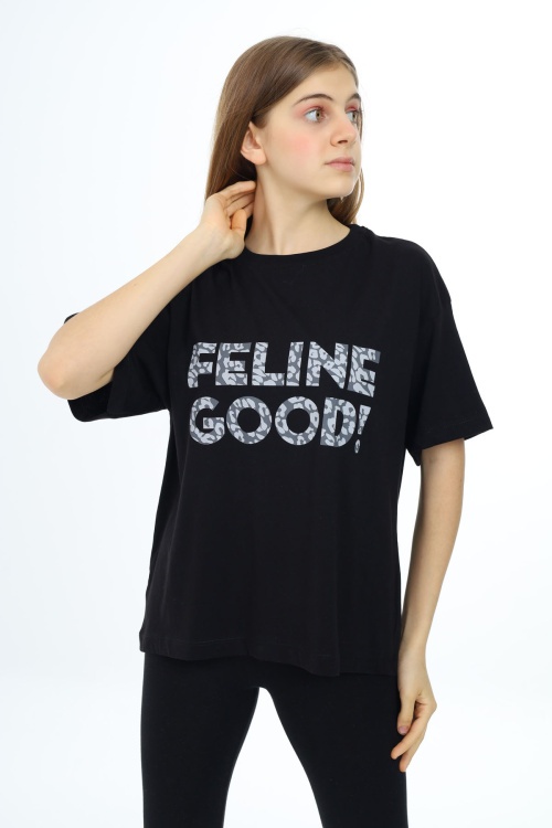 Siyah Leopar Desenli Yazılı Bisiklet Yaka Kız T-shirt 17779