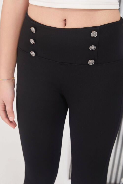 Siyah Önü Düğme Detaylı Çelik Örme Kız Tayt 17557