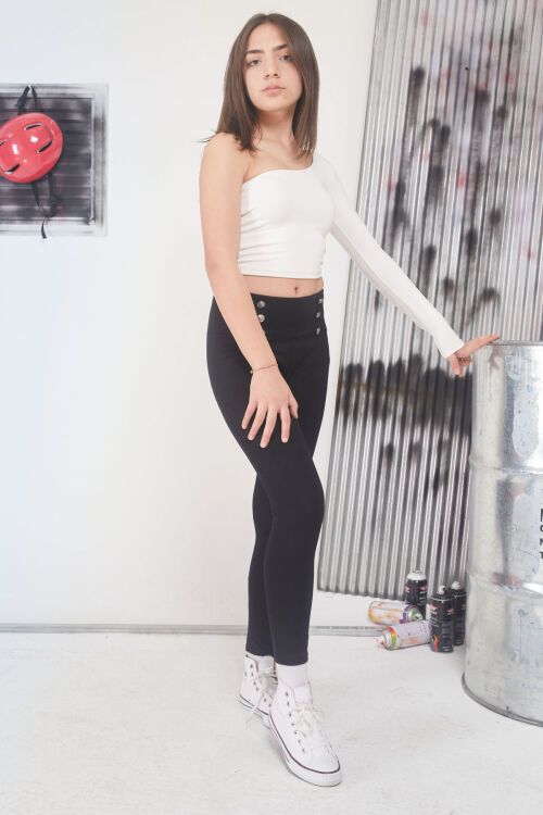 Siyah Önü Düğme Detaylı Çelik Örme Kız Tayt 17557