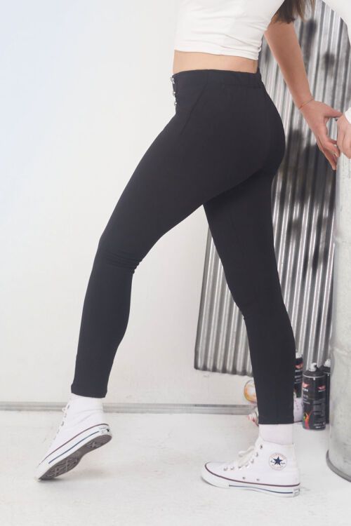 Siyah Önü Düğme Detaylı Çelik Örme Kız Tayt 17557