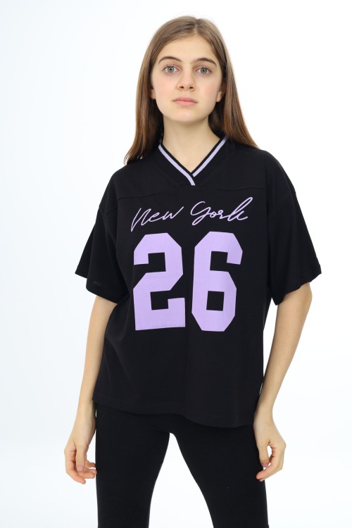 Siyah Önü Yazılı V Yaka Kız Oversize Tişört 17810