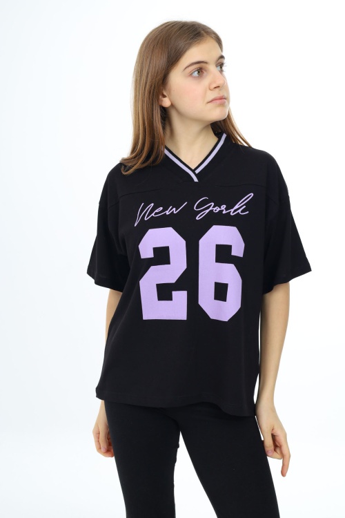 Siyah Önü Yazılı V Yaka Kız Oversize Tişört 17810