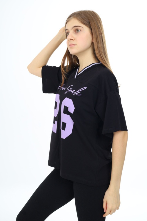 Siyah Önü Yazılı V Yaka Kız Oversize Tişört 17810