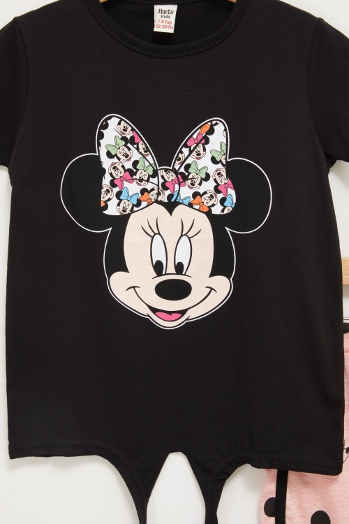 Siyah Puantiyeli Fare Baskılı Kız Çocuk Şortlu Takım 17658