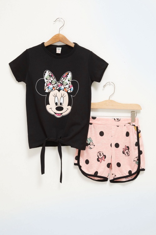 Siyah Puantiyeli Fare Baskılı Kız Çocuk Şortlu Takım 17658