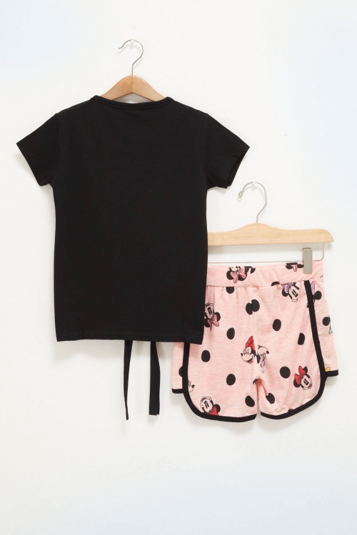 Siyah Puantiyeli Fare Baskılı Kız Çocuk Şortlu Takım 17658