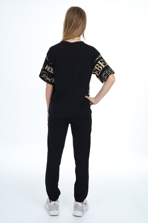 Siyah Rebel Yazı Baskılı Kız Çocuk Takım 17837
