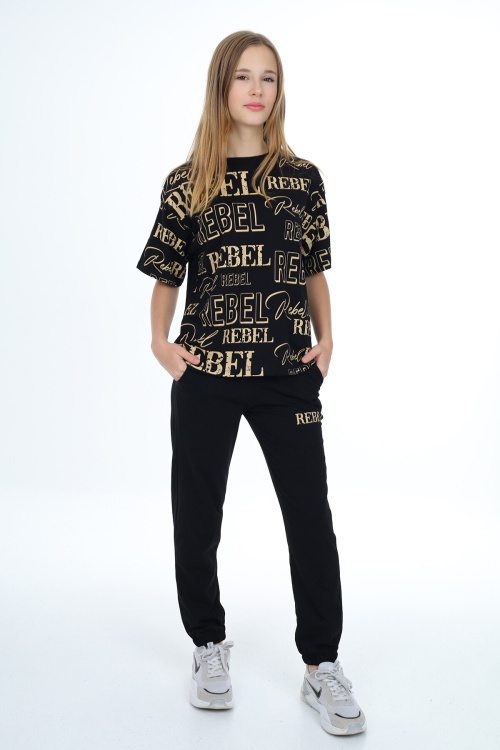 Siyah Rebel Yazı Baskılı Kız Çocuk Takım 17837