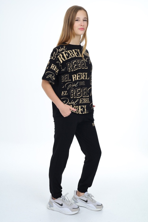 Siyah Rebel Yazı Baskılı Kız Çocuk Takım 17837