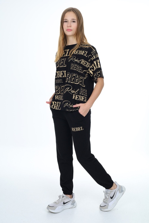 Siyah Rebel Yazı Baskılı Kız Çocuk Takım 17837
