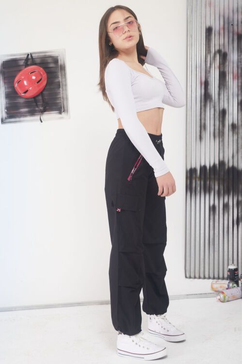 Siyah Şeritli Fermuarlı Kargo Cepli Kız Paraşüt Pantolon 17603