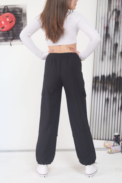 Siyah Şeritli Fermuarlı Kargo Cepli Kız Paraşüt Pantolon 17603