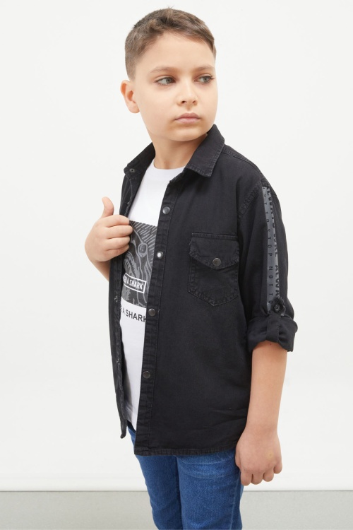 Siyah Shark Baskılı Jean Gömlekli T-Shirt Erkek Çocuk 2li Takım 17657
