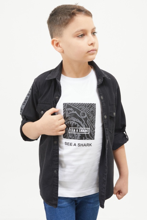 Siyah Shark Baskılı Jean Gömlekli T-Shirt Erkek Çocuk 2li Takım 17657