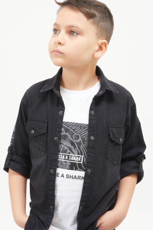 Siyah Shark Baskılı Jean Gömlekli T-Shirt Erkek Çocuk 2li Takım 17657