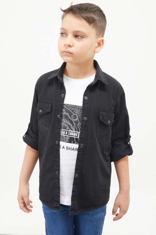 Siyah Shark Baskılı Jean Gömlekli T-Shirt Erkek Çocuk 2li Takım 17657