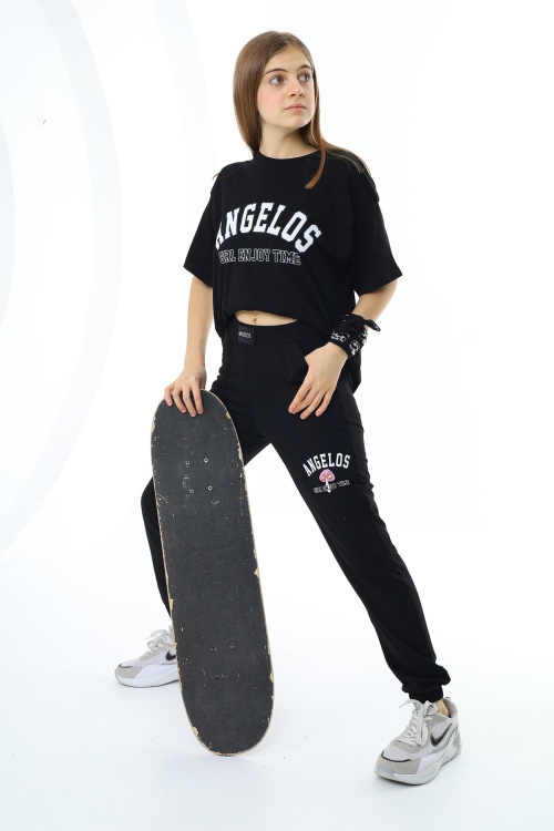 Siyah Yazı Baskılı Kız Çocuk Takım 17859