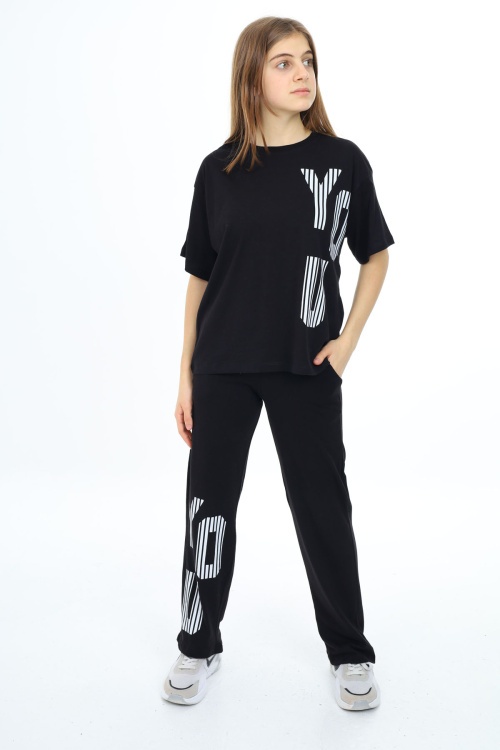 Siyah You Yazı Baskılı Kız Çocuk Takım 17870