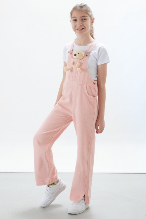 Somon Ayıcık Cepli Yırtmaçlı Kız Çocuk Salopet Tulum 17717