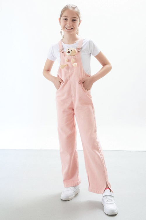 Somon Ayıcık Cepli Yırtmaçlı Kız Çocuk Salopet Tulum 17717