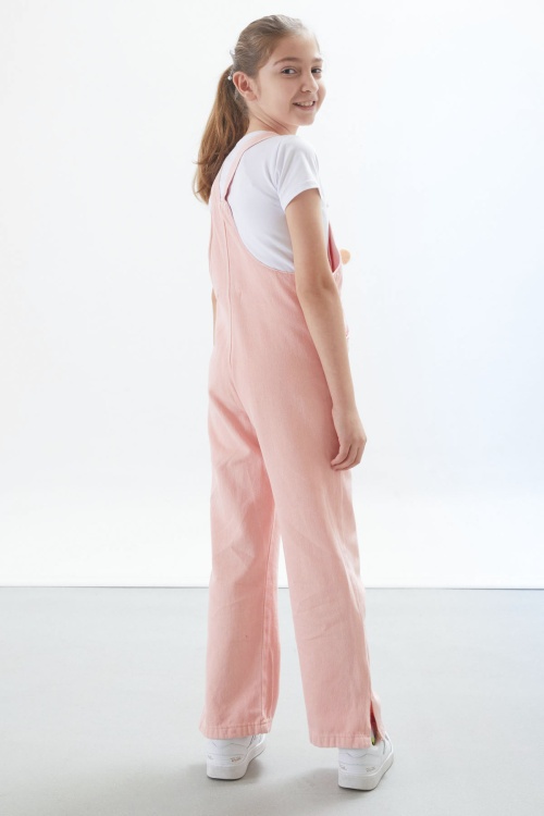 Somon Ayıcık Cepli Yırtmaçlı Kız Çocuk Salopet Tulum 17717