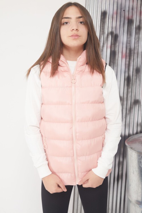 Somon Kapüşonlu Fermuar Cepli Kız Çocuk Şişme Yelek 17535