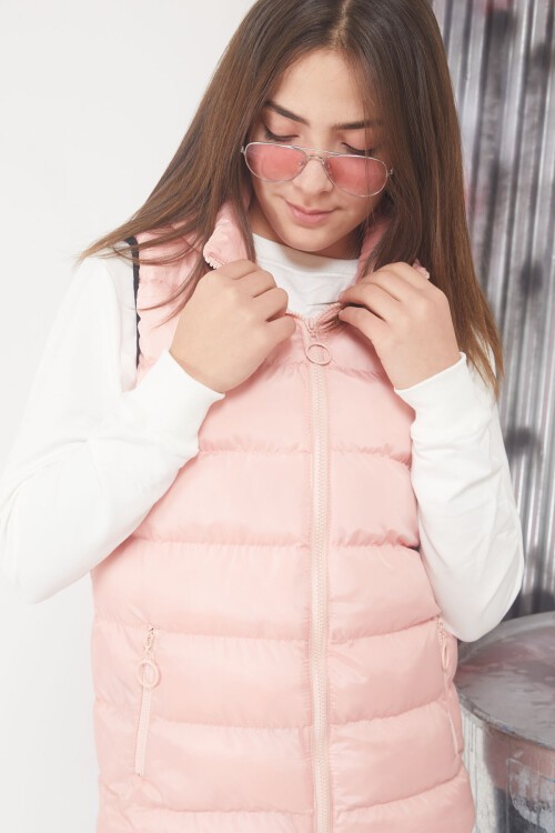 Somon Kapüşonlu Fermuar Cepli Kız Çocuk Şişme Yelek 17535