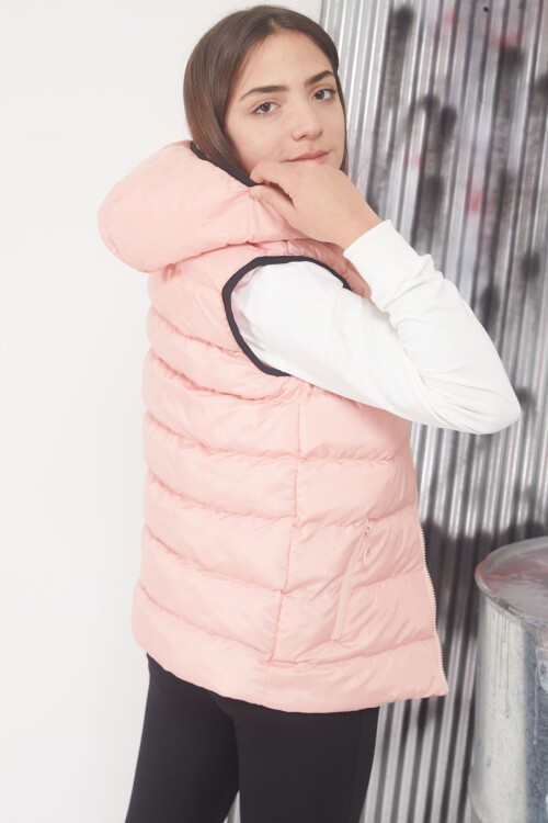 Somon Kapüşonlu Fermuar Cepli Kız Çocuk Şişme Yelek 17535