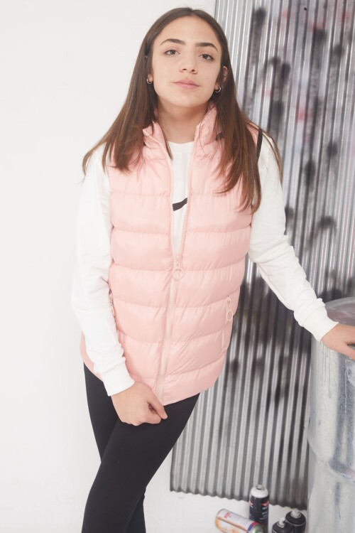 Somon Kapüşonlu Fermuar Cepli Kız Çocuk Şişme Yelek 17535