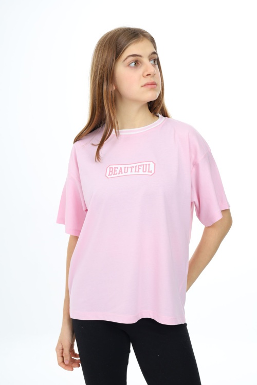 Toz Pembe Beautiful Yazılı Oversize Kız Tişört 17934