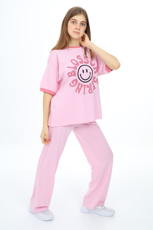 Toz Pembe Blossom Yazı Baskılı Kız Çocuk Takım 17830