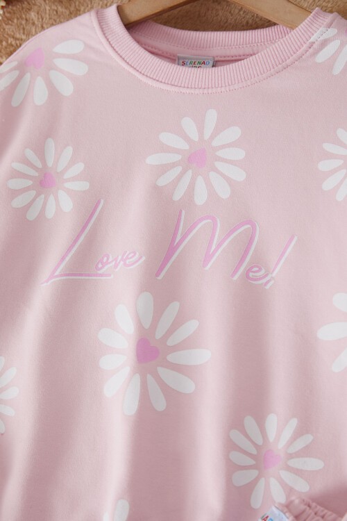 Toz Pembe Çiçek Baskılı Şardonlu Kız Eşofman Takımı 17426