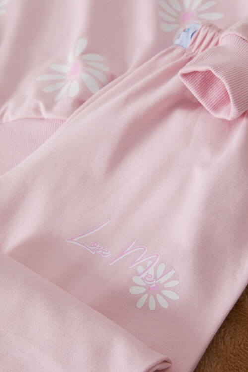 Toz Pembe Çiçek Baskılı Şardonlu Kız Eşofman Takımı 17426