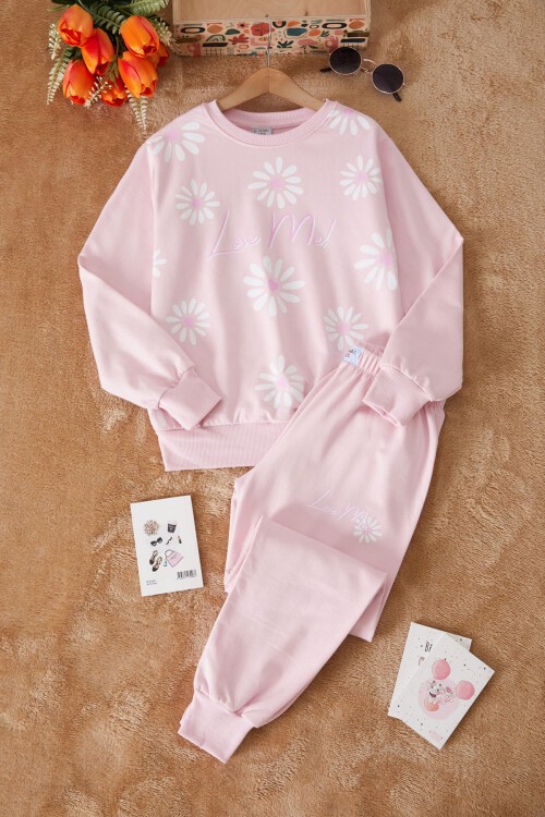 Toz Pembe Çiçek Baskılı Şardonlu Kız Eşofman Takımı 17426