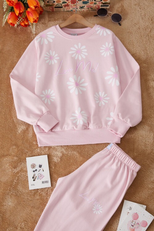 Toz Pembe Çiçek Baskılı Şardonlu Kız Eşofman Takımı 17426