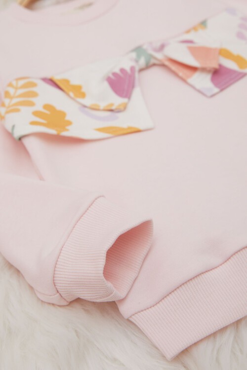 Toz Pembe Çiçek Desenli Fiyonklu Kız Bebek Takım 17409