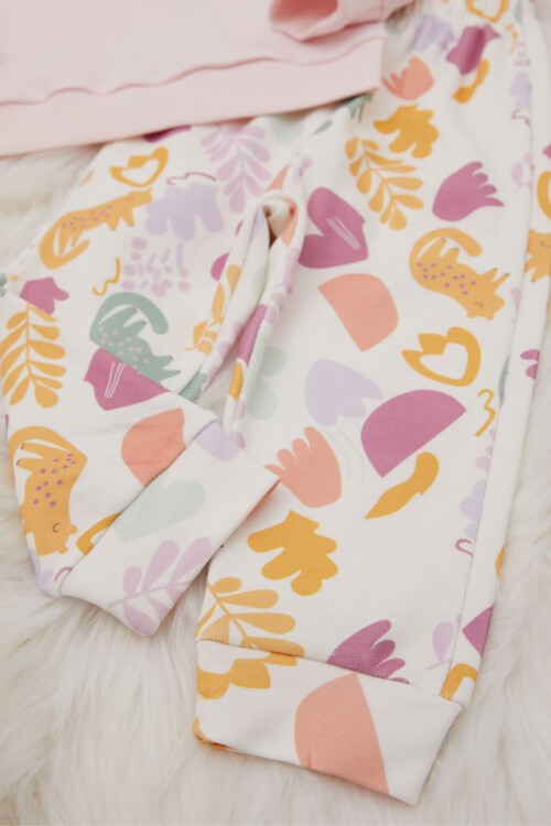 Toz Pembe Çiçek Desenli Fiyonklu Kız Bebek Takım 17409