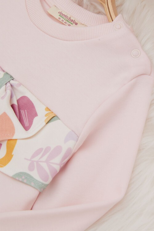 Toz Pembe Çiçek Desenli Fiyonklu Kız Bebek Takım 17409