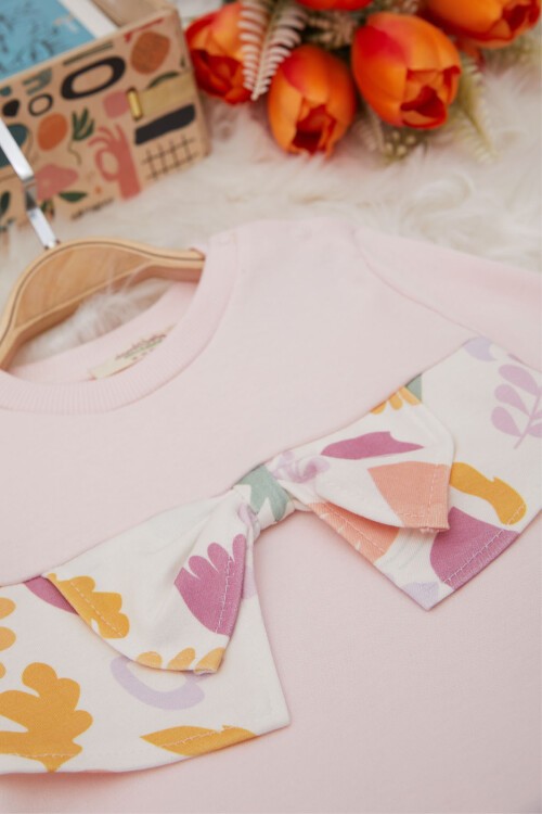 Toz Pembe Çiçek Desenli Fiyonklu Kız Bebek Takım 17409