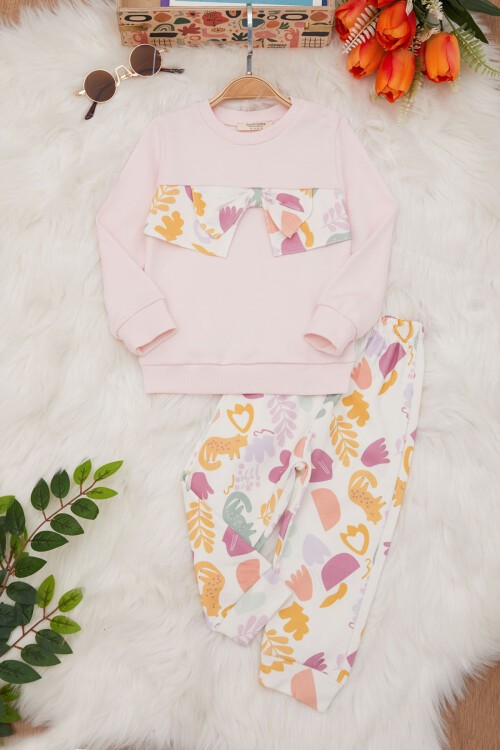 Toz Pembe Çiçek Desenli Fiyonklu Kız Bebek Takım 17409