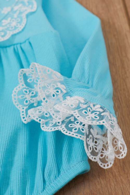 Turkuaz Dantel Detaylı Uzun Kollu Bandanalı Çıtçıtlı Badi 17362