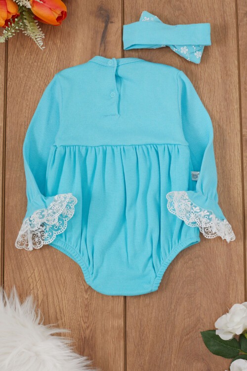 Turkuaz Dantel Detaylı Uzun Kollu Bandanalı Çıtçıtlı Badi 17362