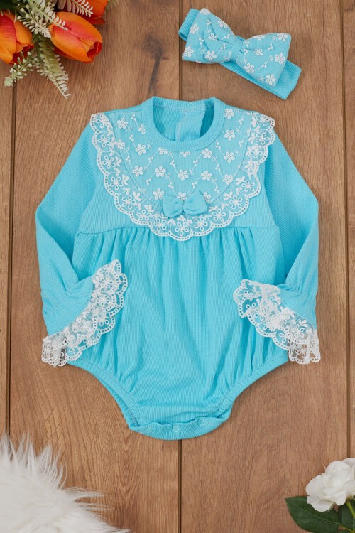 Turkuaz Dantel Detaylı Uzun Kollu Bandanalı Çıtçıtlı Badi 17362