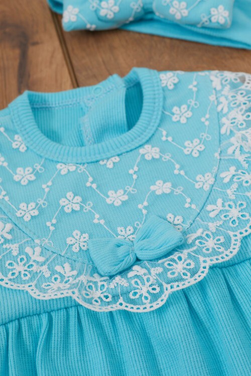 Turkuaz Dantel Detaylı Uzun Kollu Bandanalı Çıtçıtlı Badi 17362