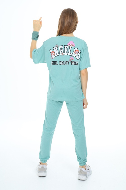 Turkuaz Yazı Baskılı Kız Çocuk Takım 17860